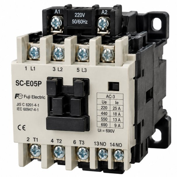 GE 5939642-1 FUJI ELECTRIC SC-E05P MAGNETIC CONTACTOR, 25 A AC-3, 220 VAC COIL; CONFIRM FREQUENCY, COMPLETE COIL DESIGNATION, AND AUXILIARY-CONTACT Medical DEX