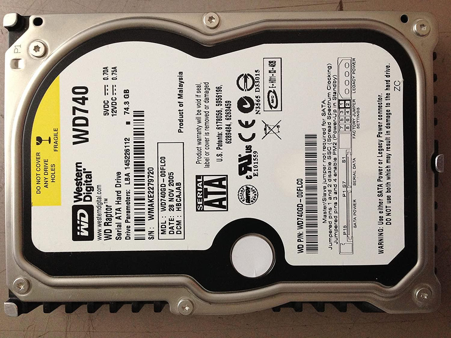 HARD DRIVE, 74GB 3.5" 10K SATA Information Technology WESTERN DIGITAL