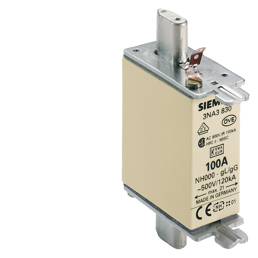 FUSE, HRC NH000 GG, 100A 500V, 120KA, SIEMENS 3NA3830 - DEX