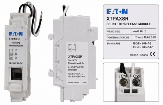 SHUNT TRIP RELEASE MODULE. WIRING SIZEAWG 18-16 TIGHTENING TORQUE1,2 NM / 10,6 LB-IN STANDARDSIEC/EN 60947-2, IEC/EN 60947-4-1