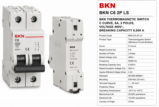 LS BKN THERMOMAGNETIC SWITCH, C CURVE, 6A, 2 POLES, VOLTAGE 400V~, BREAKING CAPA