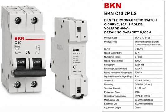 LS BKN THERMOMAGNETIC SWITCH, C CURVE, 10A, 2 POLES, VOLTAGE 400V~, BREAKING CAP