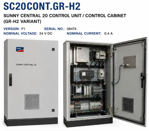SUNNY CENTRAL 20 CONTROL UNIT / CONTROL CABINET (GR-H2 VARIANT) VERSION: F1  SERIAL NO.: 06474 NOMINAL VOLTAGE: 24 V DC  NOMINAL CURRENT: 0.4 A