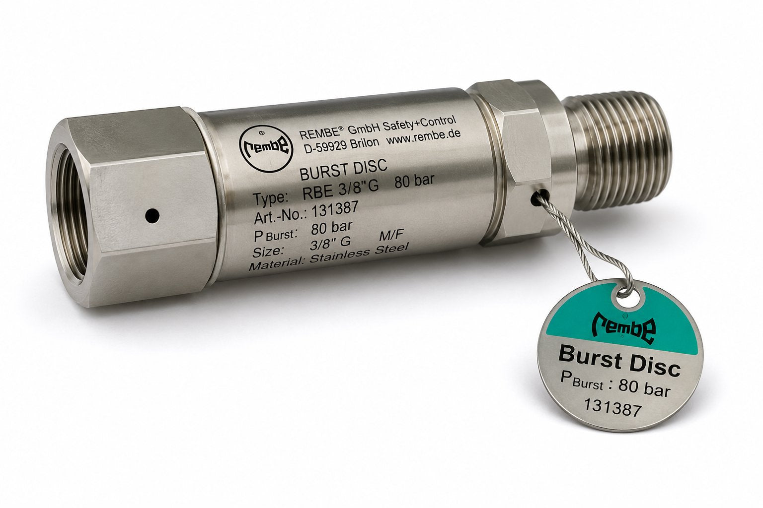 BURST DISC, HYDRAULIC, 3/8" G M/F, 80 BAR, STAINLESS STEEL, REMBE Renewable Energy DEX 