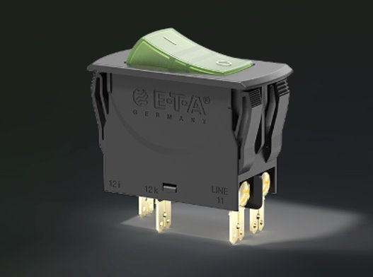 CIRCUIT BREAKER, SINGLE PHASE 120V,10A ,LIGHTED ROCKER ARM COLOR GREEN Medical DEX 