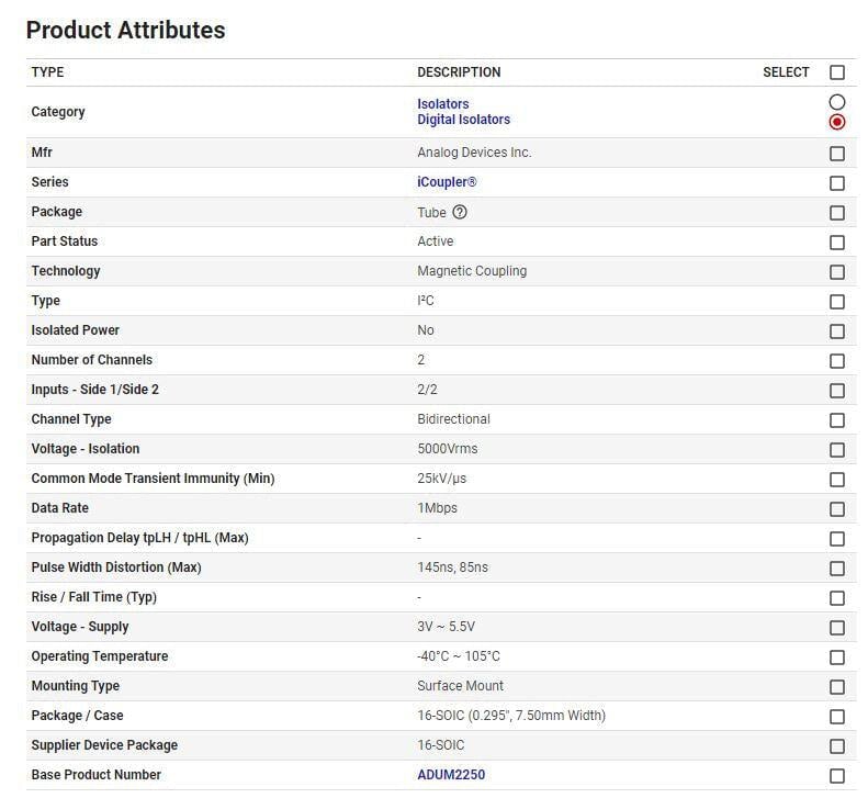 DGT ISOL 5000VRMS 2CH I2C 16SOIC, Part #: ADUM2250ARWZ Information Technology ANALOG DEVICES 