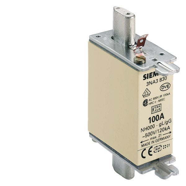 FUSE, HRC NH000 GG, 100A 500V, 120KA, SIEMENS 3NA3830 - DEX