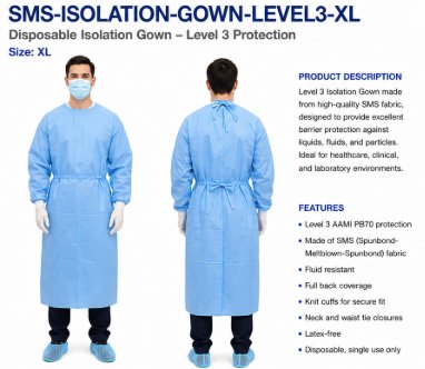 GENERICISOLATION GOWN, LEVEL 3 DISPOSABLE BLUE SMS XLARGE 80PCS/CASE - DEX