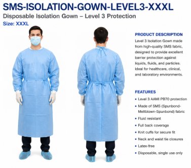 GENERICISOLATION GOWN, LEVEL 3 DISPOSABLE BLUE SMS XXXLARGE 80PCS/CASE - DEX