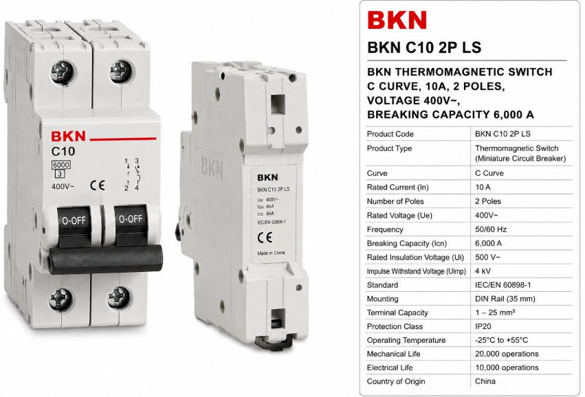 LS BKN THERMOMAGNETIC SWITCH, C CURVE, 10A, 2 POLES, VOLTAGE 400V~, BREAKING CAP Renewable Energy DEX 