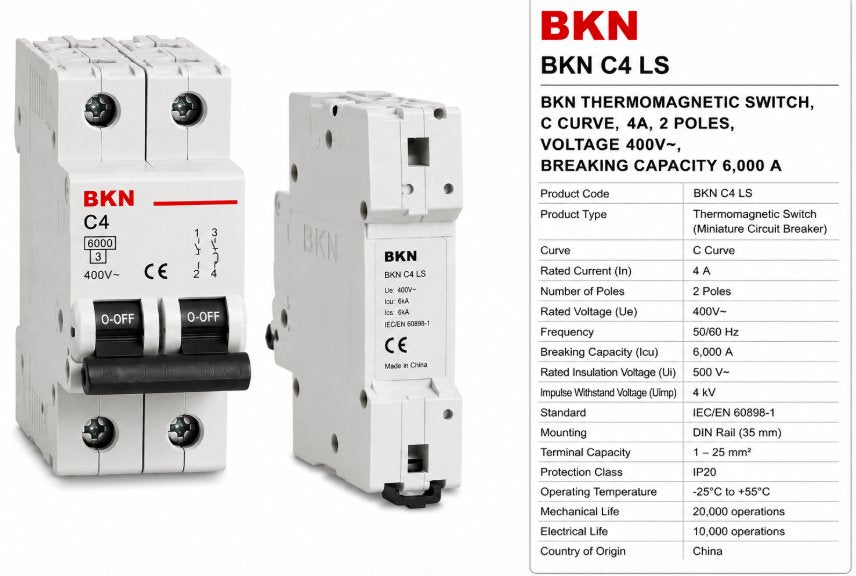 LS BKN THERMOMAGNETIC SWITCH, C CURVE, 4A, 2 POLES, VOLTAGE 400V~, BREAKING CAPA Renewable Energy DEX 