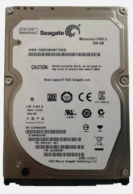 SEAGATE MOMENTUS 5400.6 HARD DRIVE, 500GB 2.5" 5400RPM SATA Information Technology DEX 