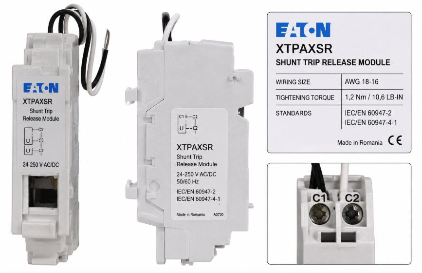 SHUNT TRIP RELEASE MODULE. WIRING SIZEAWG 18-16 TIGHTENING TORQUE1,2 NM / 10,6 LB-IN STANDARDSIEC/EN 60947-2, IEC/EN 60947-4-1 Renewable Energy DEX 