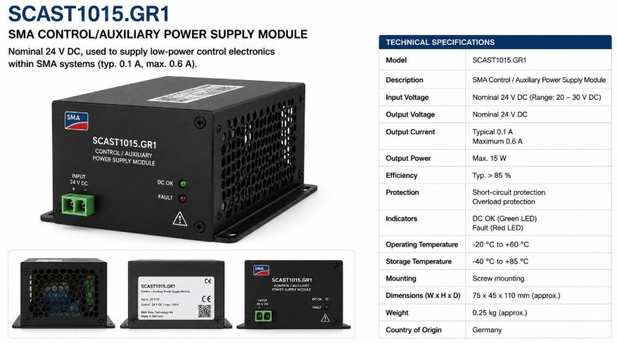 SMA CONTROL/AUXILIARY POWER SUPPLY MODULE, NOMINAL 24 V DC, USED TO SUPPLY LOW-POWER CONTROL ELECTRONICS WITHIN SMA SYSTEMS (TYP. 0.1 A, MAX. 0.6 A). Renewable Energy DEX 