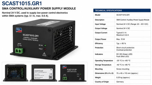 SMA CONTROL/AUXILIARY POWER SUPPLY MODULE, NOMINAL 24 V DC, USED TO SUPPLY LOW-POWER CONTROL ELECTRONICS WITHIN SMA SYSTEMS (TYP. 0.1 A, MAX. 0.6 A). Renewable Energy DEX 