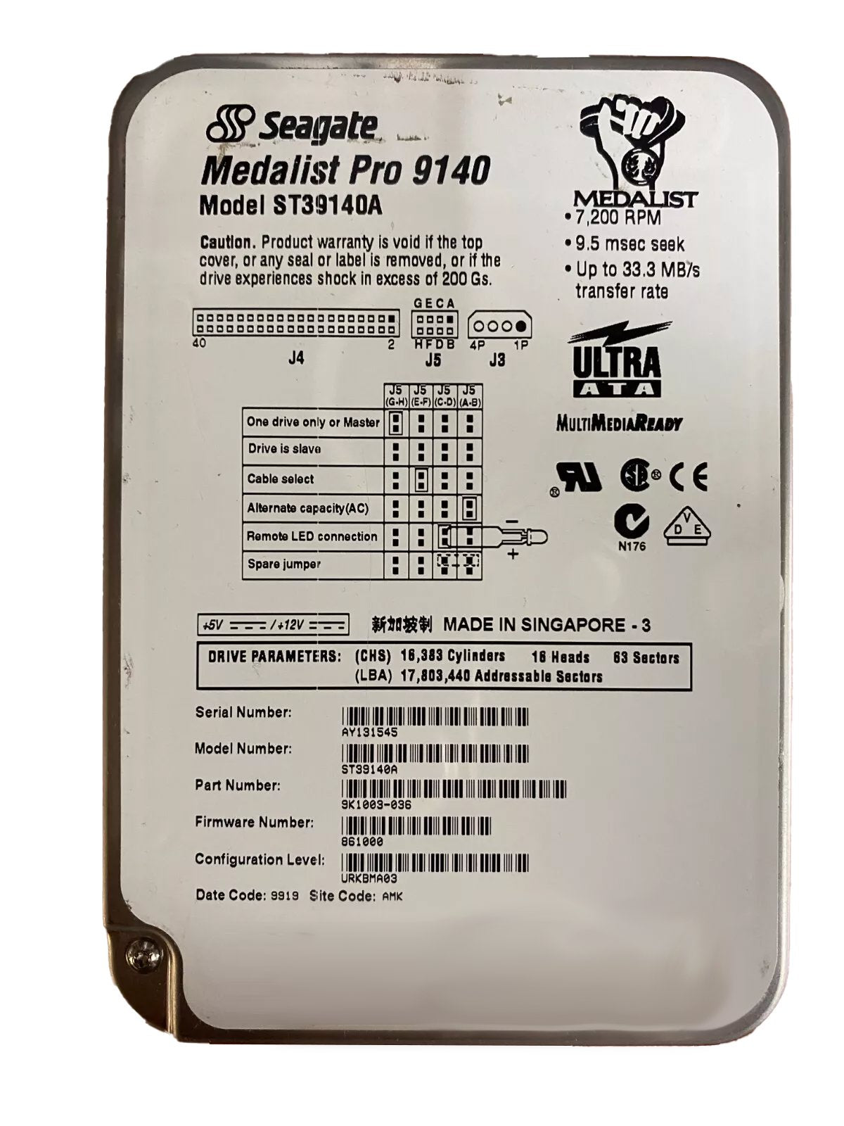 SUN MICROSYSTEMSHARD DRIVE, 9GB 3.5" IDE 7200RPM FW- 861000/841246 Information Technology DEX 